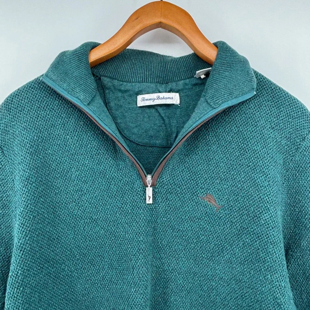 Tommy Bahama Mens Teal Green Cotton Silk Cashmere Quarter Zip Sweater Small